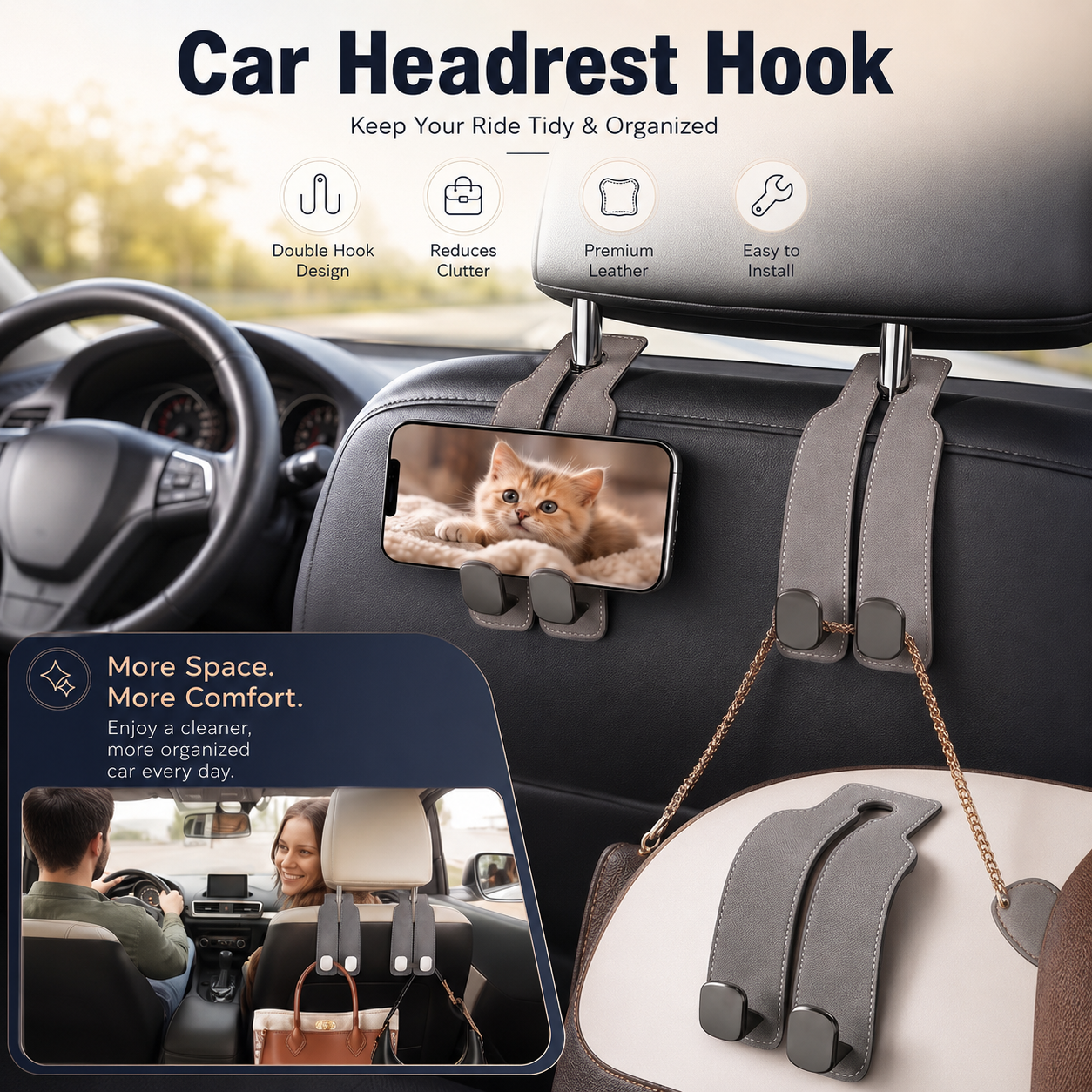 Premium Leather Hidden Car Hooks | Dual-Hook Organizer for Purses & Bags,Keep your bags secure and your car clutter-free. Installs in 1 second.