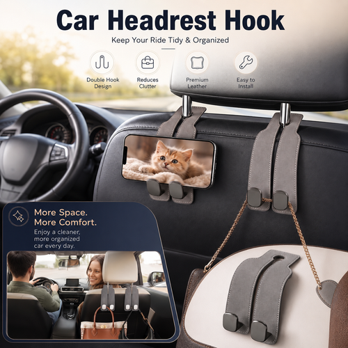 Premium Leather Hidden Car Hooks | Dual-Hook Organizer for Purses & Bags,Keep your bags secure and your car clutter-free. Installs in 1 second.